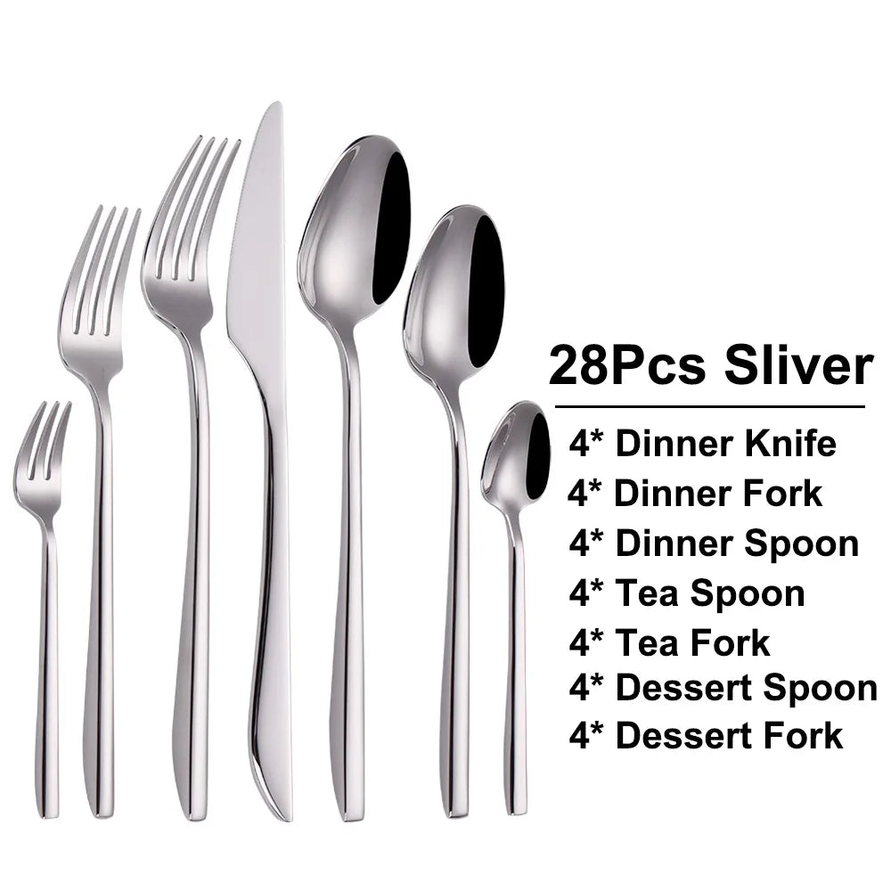6/16/20/24/28Pcs Cutlery Set Stainless Steel 304 Tableware Mirror Sliver Dinner Set Western Knife Fork Spoon Elegant Flatware